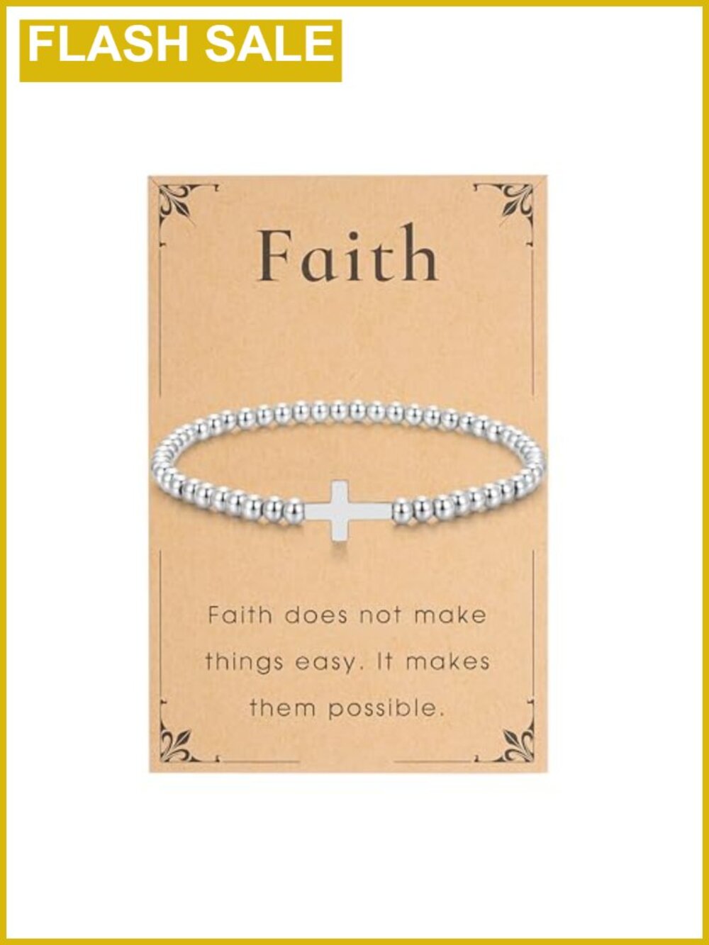 14K Silver Plated Beaded Stretch Bracelet Cross Charm Handmade Stackable